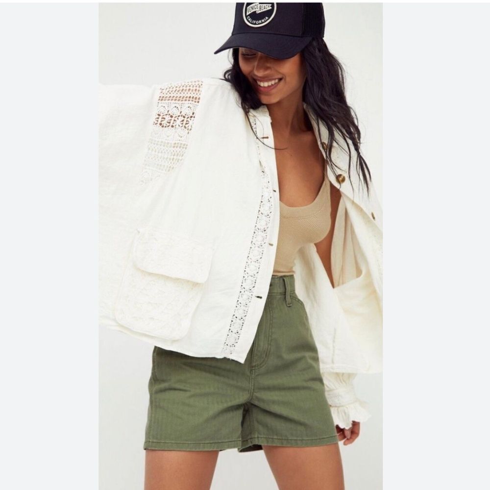 Free People Louisa shirt jacket cream Size XS Linen Blend Lace oversized